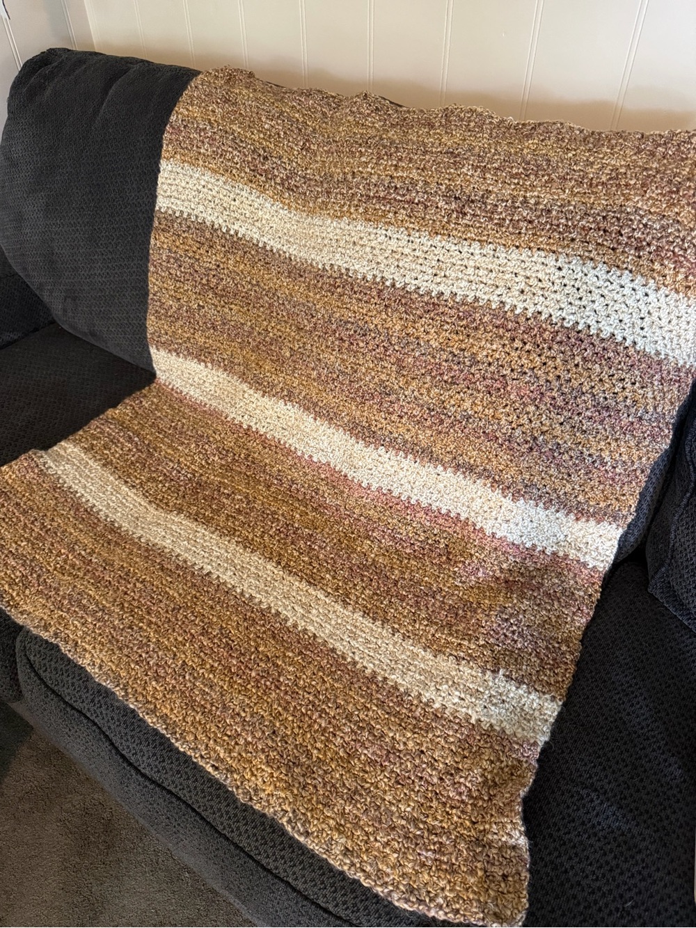 Handmade Striped Crochet Throw Blanket in Cream and Brown Tones